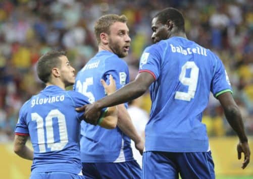 Sebastian Giovinco, Daniele De Rossi and Mario Balotelli celebrate. Picture: AP
