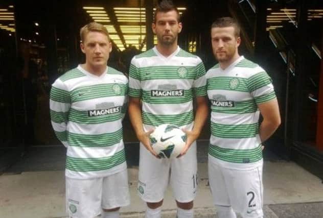 Kris Commons, Joe Ledley and Adam Matthews launch the new Celtic home kit. Picture: Complimentary