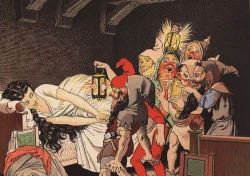 circa 1812:  The seven dwarves find Snow White asleep in their bedroom, from the fairy tale by the brothers Grimm.  (Photo by Hulton Archive/Getty Images)