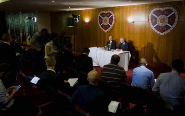 Administrators Bryan Jackson and Trevor Birch speak to the press about the current situation with Hearts. Picture: SNS