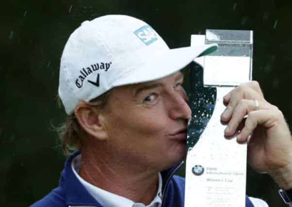 Ernie Els of South Africa kisses the trophy after winning the BMW International Golf Open tournament at the Golfclub Eichenried in Munich. Picture: AP