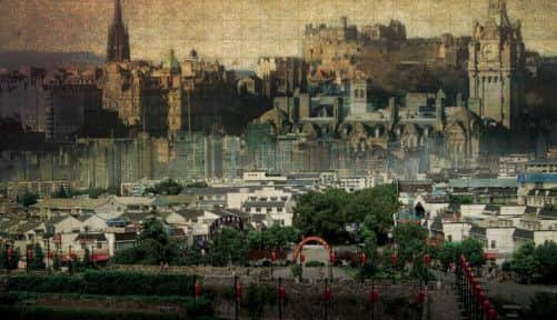 A digitally altered image of Ninjang and Edinburgh merged together