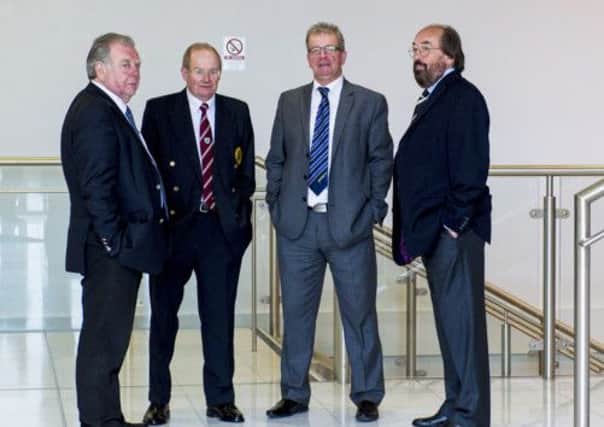 From left to right: Elgin director Martyn Hunter, Arbroath's John Christison, Forfar chairman Alastair Donald and Dumbarton chairman Alan Jardine. Picture: SNS