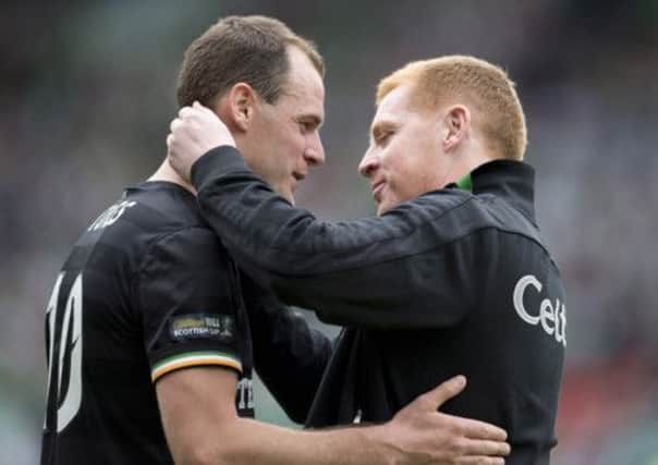 Anthony Stokes is congratulated by Celtic manager Neil Lennon after the Scottish Cup final. Picture: SNS