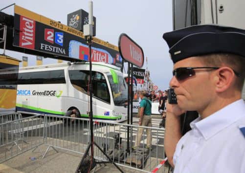 The bus became wedged under the finishing gate. Picture: AP