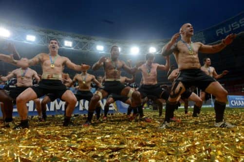 New Zealands players dance and sing in Moscow as they celebrate an emphatic victory. Picture: AFP/Getty