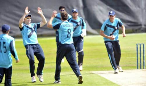 Bowler Iain Wardlaw celebrates his early wicket of Alex Obanda as Kenya set about chasing Scotlands 242-4. Picture: Donald MacLeod