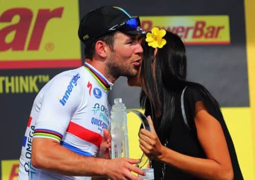 Mark Cavendish receives his trophy after his stage five win. Picture: Getty