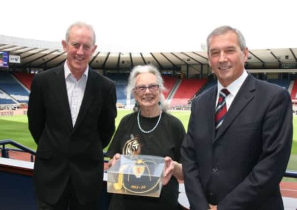 Wilson's widow Doreen, SFA President Campbell Ogilvie and Scotland Under-21 coach Billy Stark. Picture: SFA
