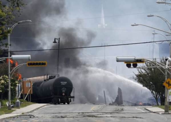 A burning train wagon is seen after an explosion at Lac Megantic, Quebec. Picture: Reuters