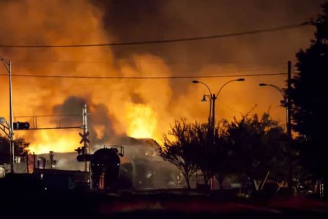 The oil wagons of the runaway train exploded in a fireball, destroying many buildings in the small Canadian town. Picture: AFP/Getty