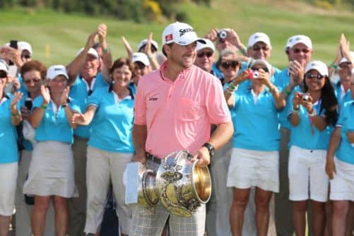 Irishman Graeme McDowell holds his trophy after winning the EPGA French golf Open. Picture: Getty