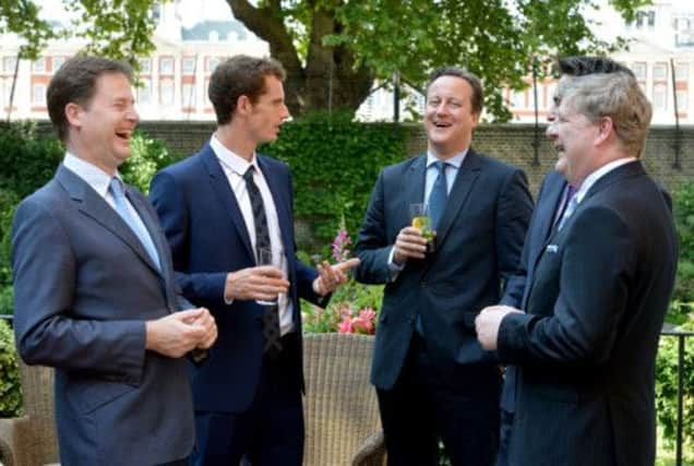 Andy Murray speaks with Nick Clegg, David Cameron, Ed Miliband and Angus Robertson. Picture: Getty