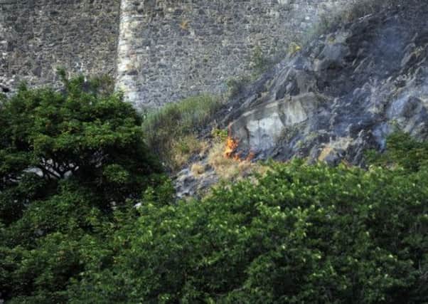 A grass fire seen on the side of Edinburgh Castle Rock. Picture: Greg Macvean