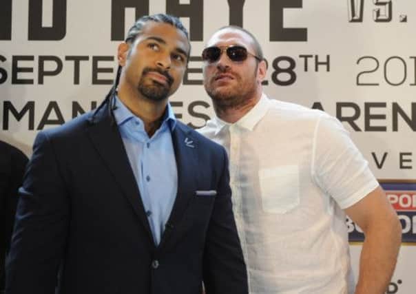 British heavyweight boxers David Haye and Tyson Fury at a London press conference. Picture: Getty