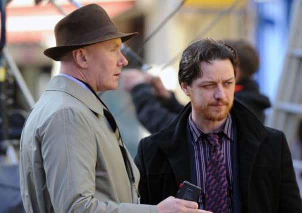 Scottish actor James McAvoy and Irvine Welsh who wrote the novel "Filth" on the film's Edinburgh set. Picture: TSPL