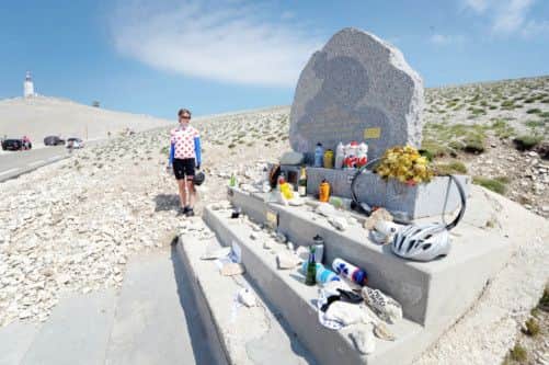 The memorial to Tom Simpson which sits 1km from the finish of tomorrow's Stage 15 at the summit of Mont Ventoux. Picture: PA