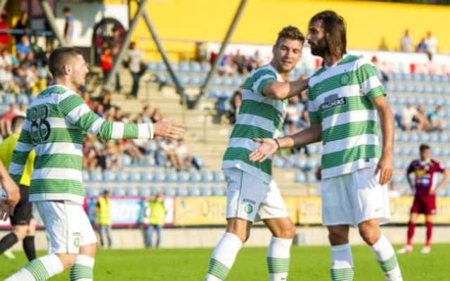 Georgios Samaras (right) celebrates a pre-season goal in Celtic's 2-1 loss to CFR Cluj. Picture: SNS