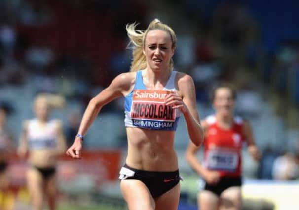 Eilish McColgan crosses the line to take the British title in the 3,000m steeplechase and book her ticket to Moscow. Picture: Getty