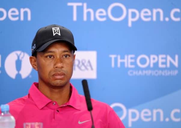 Tiger Woods answers questions at a press conference at Muirfield, Gullane. Picture: Jane Barlow