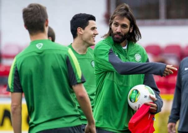 Georgios Samaras trains with his Celtic team-mates ahead of tonight's tie at Solitude. Picture: SNS