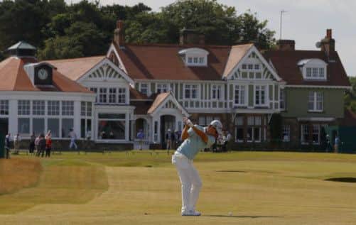 Justin Rose hits onto the 18th green during a practice round. Picture: Reuters