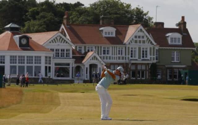 Justin Rose hits onto the 18th green during a practice round. Picture: Reuters