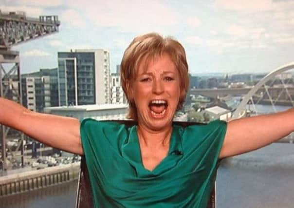 Sally Magnusson throws her arms up in despair amid a series of gaffes on a BBC lunchtime news bulletin