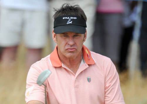 Sir Nick Faldo looks serious as he sizes up a putt, but he also found time to engage in some banter with spectators. Picture: Jane Barlow