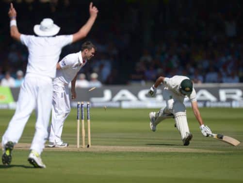 England's James Anderson runs out Australia's Ashton Agar. Picture: PA