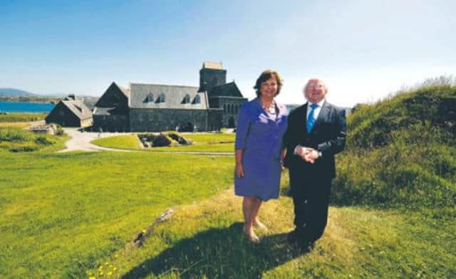 Fiona Hyslop and Michael Higgins on Iona to commemorate the 1,450th anniversary of St Columba and his disciples' arrival on the island. Picture: Donald MacLeod