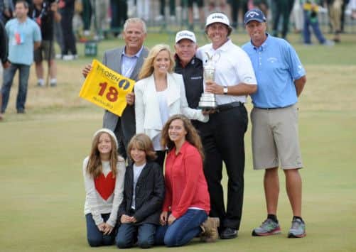 Phil Mickelson with his family on the 18th after winning the 142nd Open Championship at Muirfield in Gullane, East Lothian. Picture: Jane Barlow