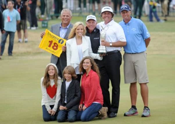 Phil Mickelson with his family on the 18th after winning the 142nd Open Championship at Muirfield in Gullane, East Lothian. Picture: Jane Barlow