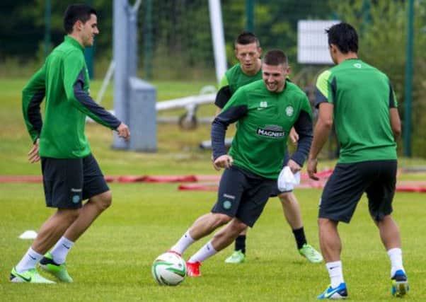 Gary Hooper trains with team mates ahead of the clash with Cliftonville. Picture: SNS