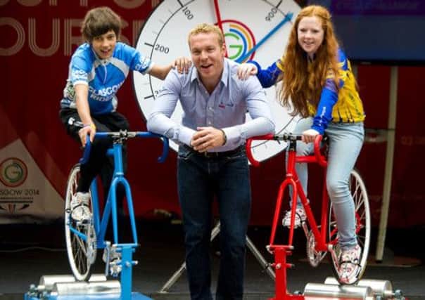 Sir Chris Hoy is joined by Matthew Running and Morgan Binnie at the countdown. Picture: Alan Harvey/SNS