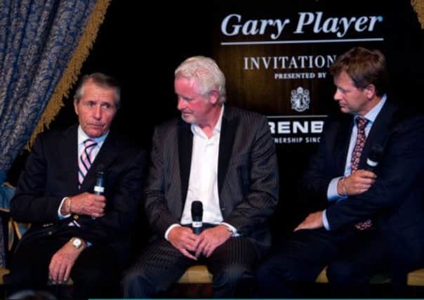 Gary Player, left, with broadcaster Dougie Donnelly, centre, and golfer Retief Goosen. Picture: Getty