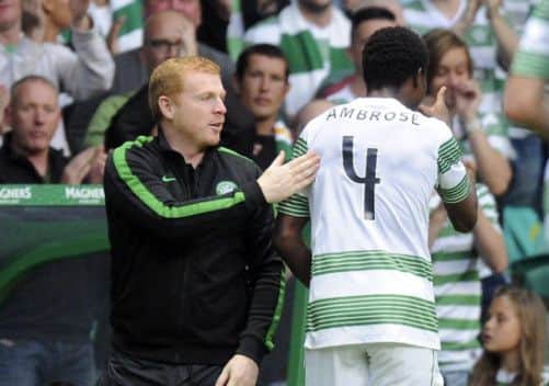 Celtic Manager Neil Lennon congratulates Efe Ambrose. Picture: PA