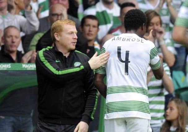Celtic Manager Neil Lennon congratulates Efe Ambrose. Picture: PA