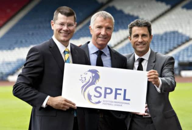 Neil Doncaster is joined by John Collins and Graeme Souness at the SPFL launch. Picture: SNS