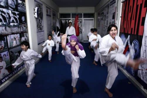 Pakistani schoolgirls attend a Karate class. Picture: AP