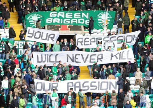 A Green Brigade banner on display before April's game with Hibs. Picture: Ian Rutherford