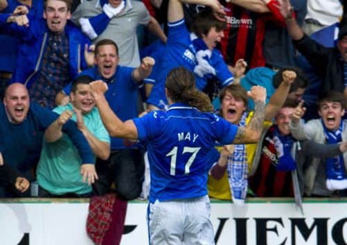 Stevie May celebrates in front of the St Johnstone fans after levelling the score Picture: Sammy Turner/SNS