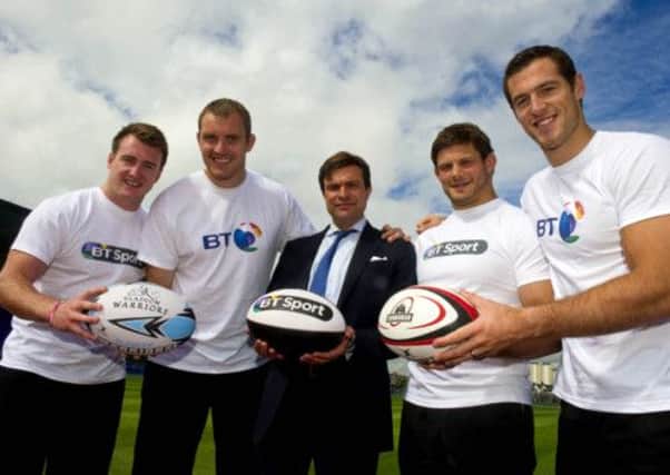 Glasgow Warriors pair Stuart Hogg and Al Kellock join Marc Watson of BT and Edinburgh Rugby duo Ross Ford and Tim Visser at the launch. Picture: SNS