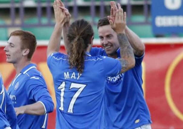 Stevie May congratulates Steven MacLean after his goal in St Johnstone's 1-0  win in Grodno. Picture: SNS