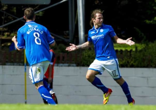 Stevie May wheels away in delight after netting what turned out to be the winner. Picture: SNS