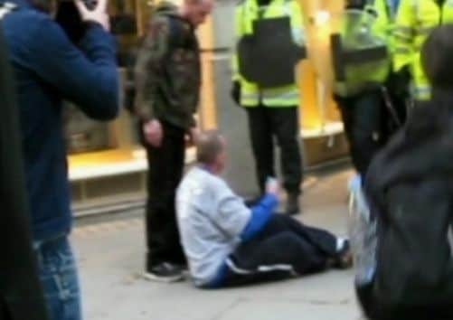 City of London Coroner's Court released video footage showing Ian Tomlinson after he was pushed by a police officer at the G20 protests,  that was shown to a jury at his inquest. PRESS ASSOCIATION Photo. Issue date: Tuesday March 29, 2011. The jury, sitting at the International Dispute Resolution Centre in Fleet Street, London, was told the inquest will examine the actions of police, the pathologist and independent investigators in the aftermath of Mr Tomlinson's death. See PA story INQUEST G20. Photo credit should read: City of London Coroner's Court/PA Wire NOTE TO EDITORS: This handout photo may only be used in for editorial reporting purposes for the contemporaneous illustration of events, things or the people in the image or facts mentioned in the caption. Reuse of the picture may require further permission from the copyright holder.