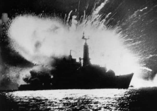 HMS Antelope explodes during the height of the Falklands War. Picture: Getty