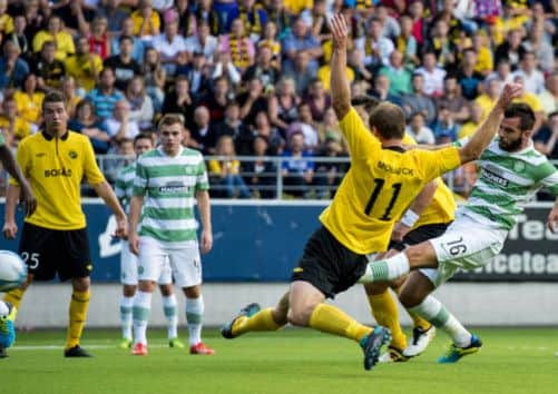 Joe Ledley, far right, attempts to break through the Elfsborg defence. Picture: SNS
