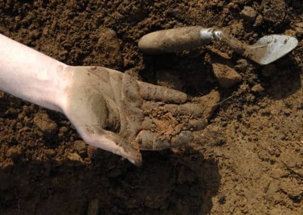 An archaeologist howks the earth in Ravelrig Quarry, Dalmahoy Hill. Picture: Jane Barlow