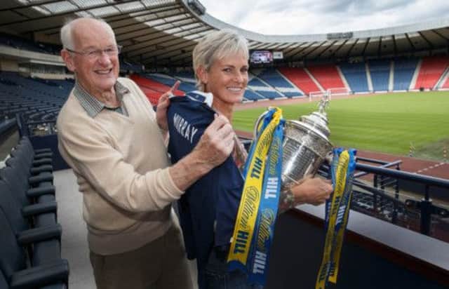 Judy Murray with her father Roy Erskine at Hampden to make the Scottish Cup draw. Picture: Steve Welsh